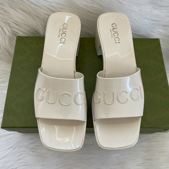 Gucci Plastique Logo Embossed Rubber Jelly Mules White Platform Slide Sandal 40 - Picture 3 of 10
